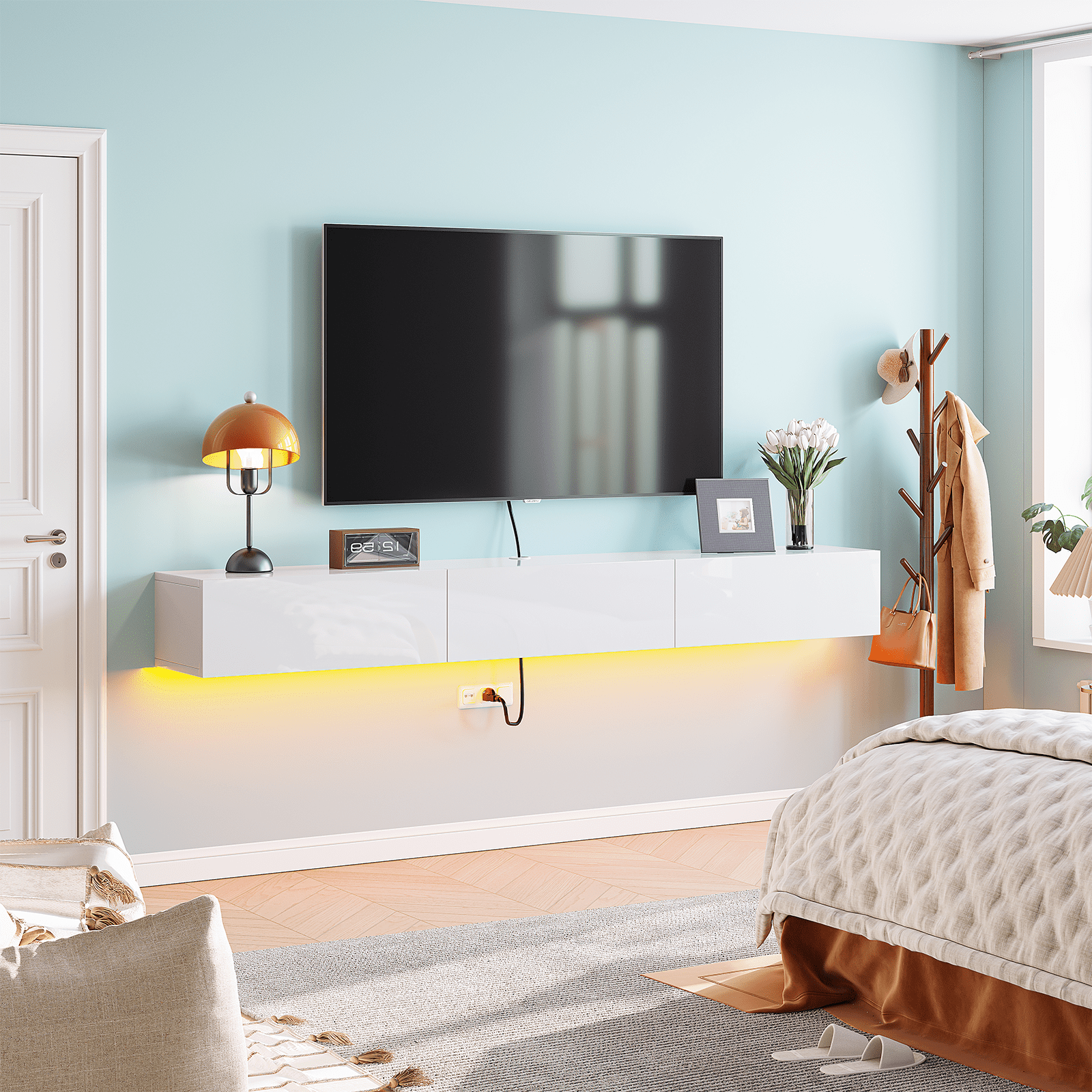 FloatiCasa 78-Inch High Gloss Floating TV Stand with 3 Doors Wall-Mounted Entertainment Center for TVs up to 78"