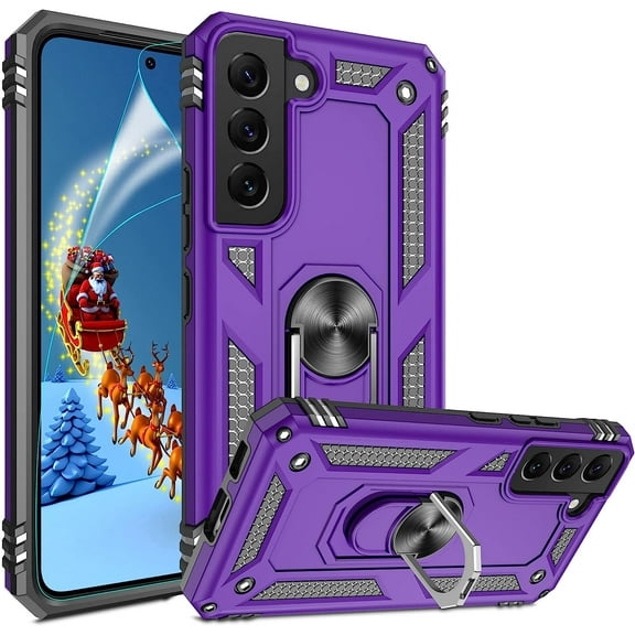 Galaxy S22 Case, Samsung S22 Case with HD Screen Protector, [Military-Grade] Magnetic Ring Holder Kickstand Shockproof Protective Phone Case for Samsung Galaxy S22, Purple