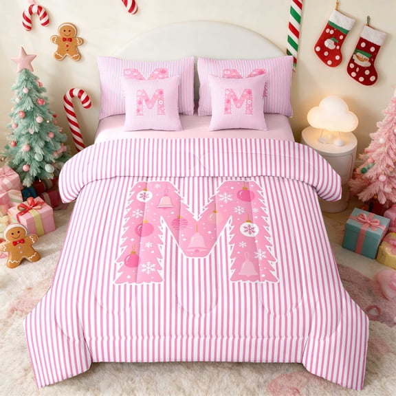 Manfei Initial Twin Bedding 7pcs Christmas Bedding Comforter Set, Pink N, Pink Reversible