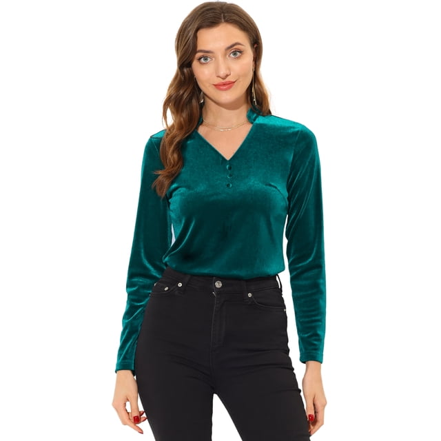 Blusa casual de manga larga Allegra K de terciopelo para Mujer Lago Verde XS