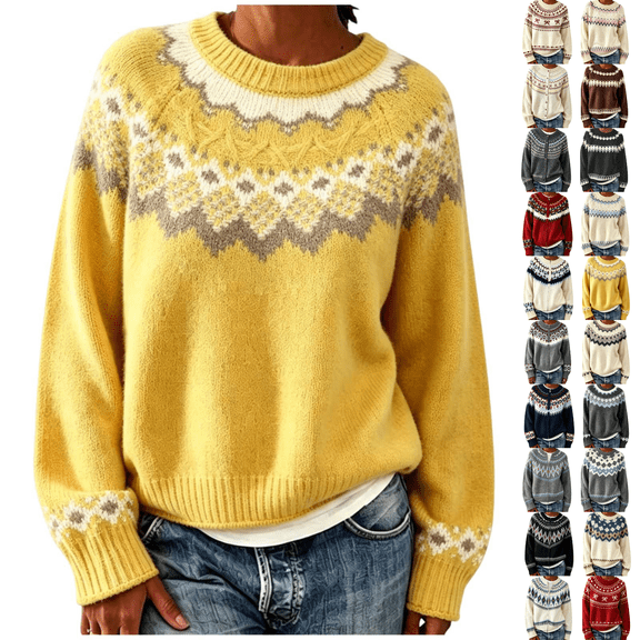SeekIslan Women's Sweaters with Fair Isle Pattern Crew Neck Long Sleeve Knit Sweaters