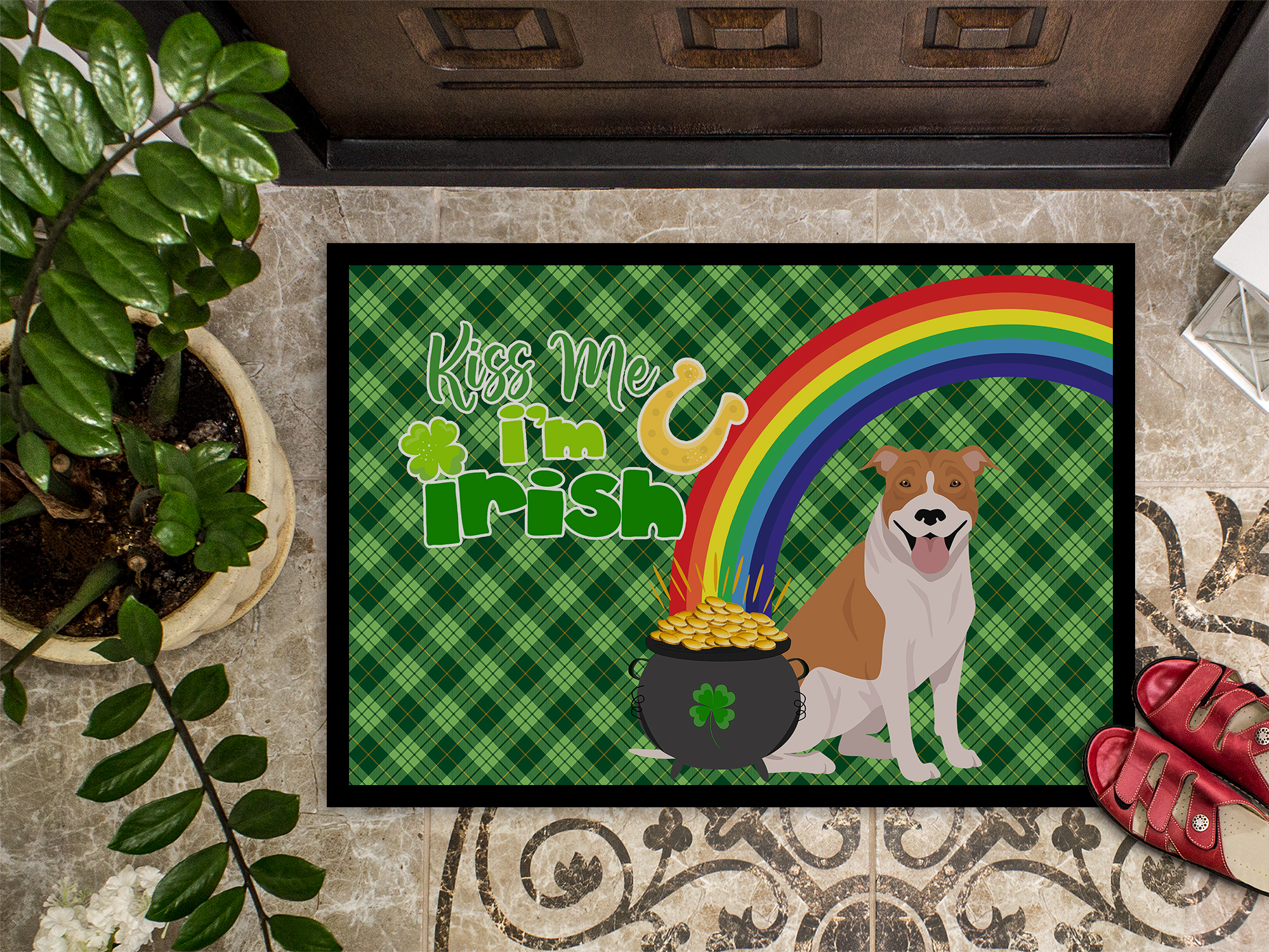 Red and White Pit Bull Terrier St. Patrick's Day Indoor or Outdoor Mat 24x36 36 in x 24 in