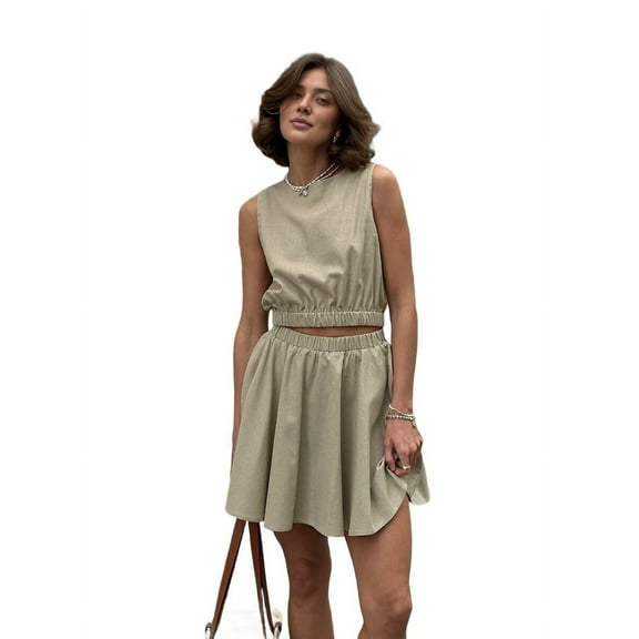 Women'S 2 Piece Outfits Sleeveless Top and Pleated Skirt Basic Suit Sets Khaki L