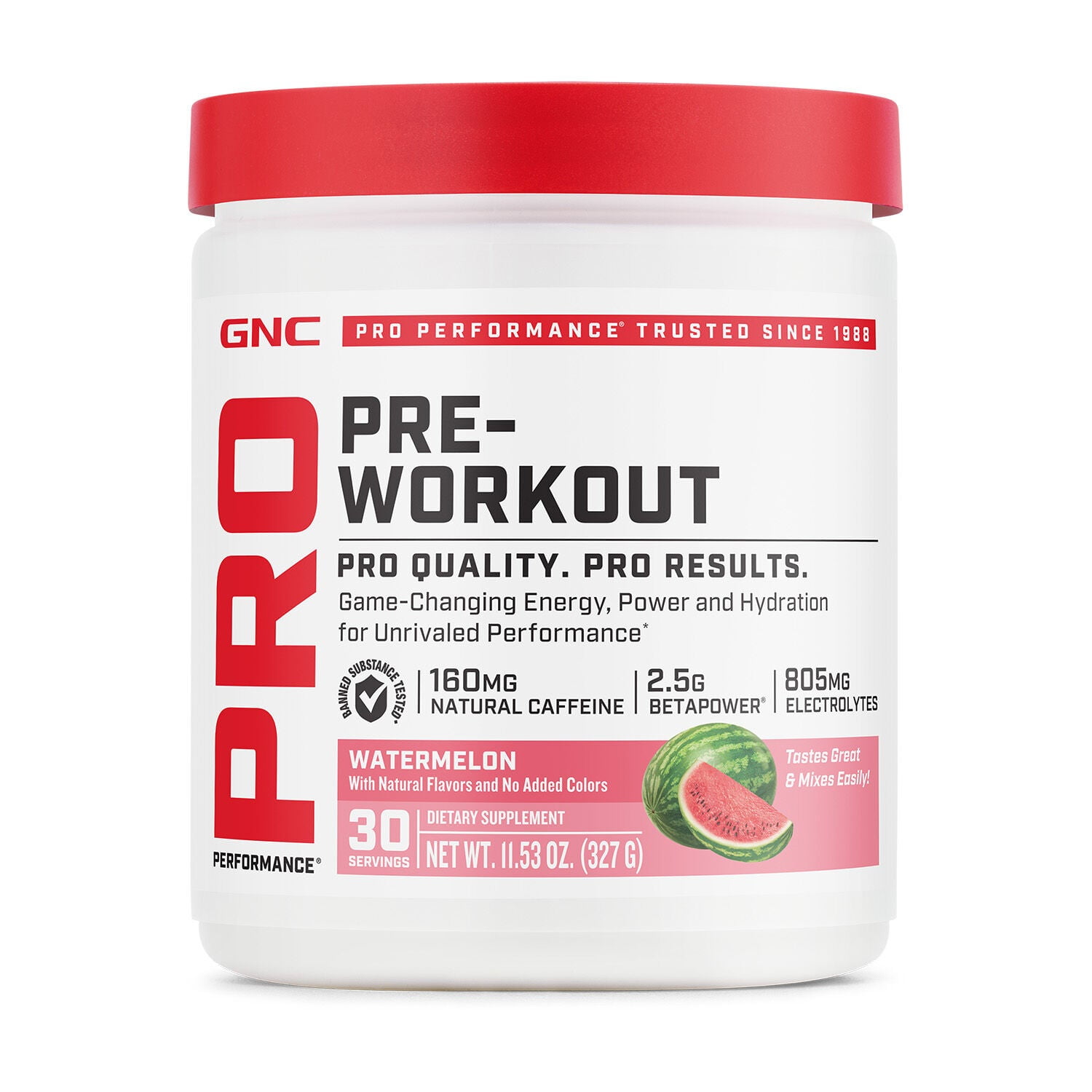 GNC Pro Performance Pre Workout Powder, For Energy, Hydration, Focus, Sugar Free, Gluten Free, Watermelon, 30 Servings