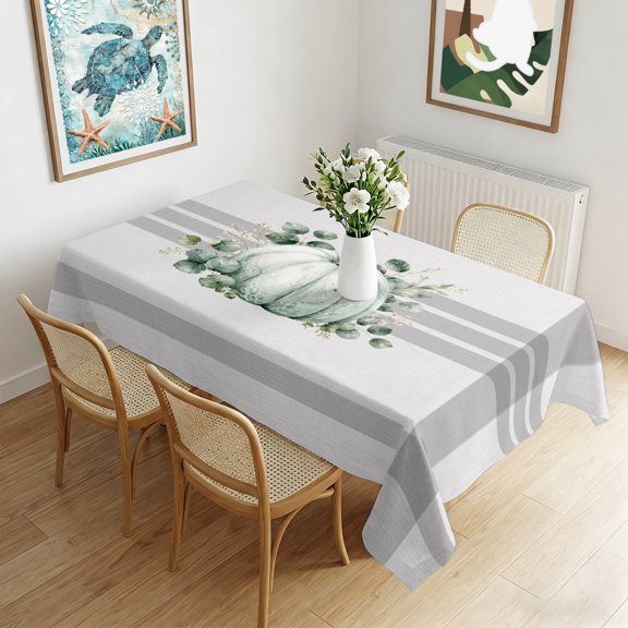 Waterproof Tablecloth Thanksgiving Pumpkin Eucalyptus Leaf Rectangle Table Cloth 60x102in,Wipeable Washable Table Cover Farmhouse Gray Stripe Tablecloths for Dining Tables Kitchen Picnic Party