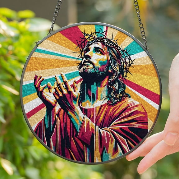 Lotusprinthandmade Vintage Jesus Christ Stained Glass Suncatcher for Window Hanging Cir4in – Classic Christian Window Hanging with Sacred Art Design