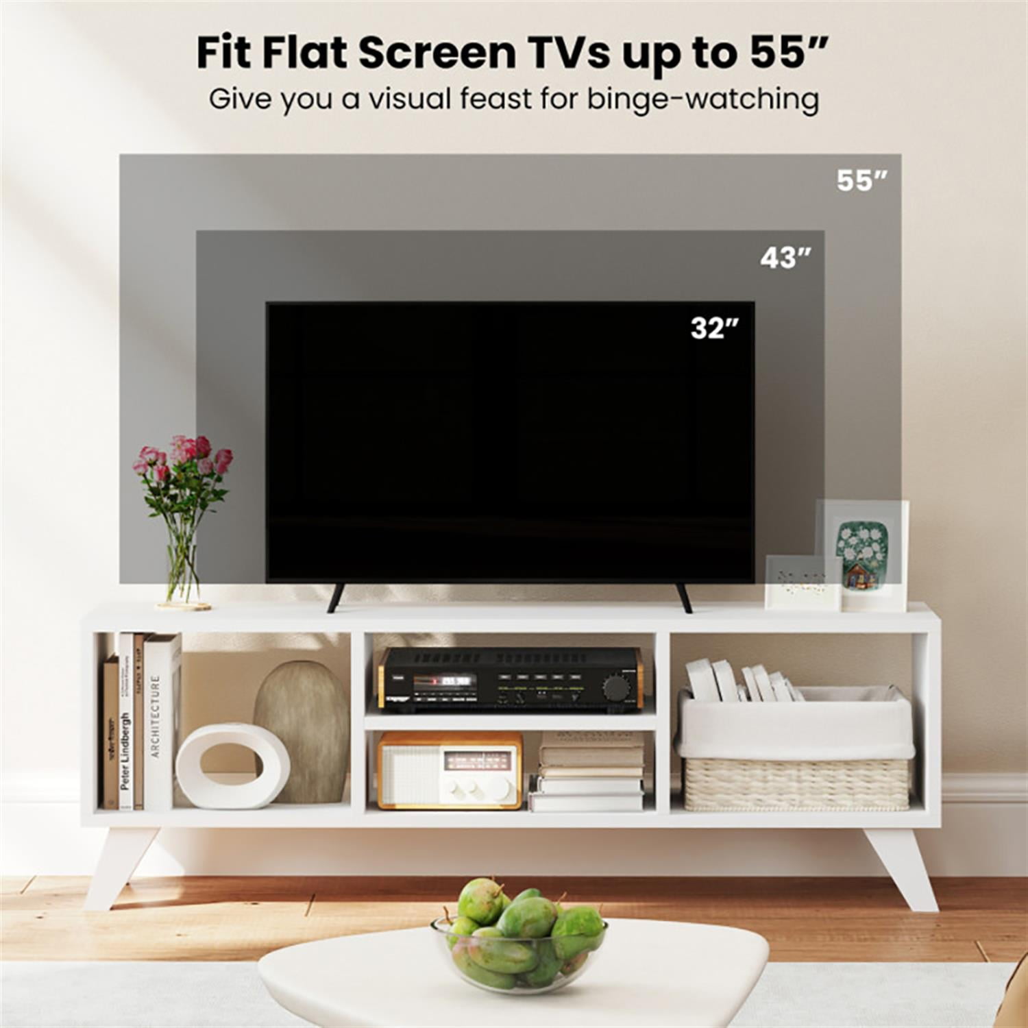 Demi Bonn TV Stand for 60" TVs, Entertainment Center with Raised Support Legs, Modern Media TV Console Table for Living Room Bedroom, White