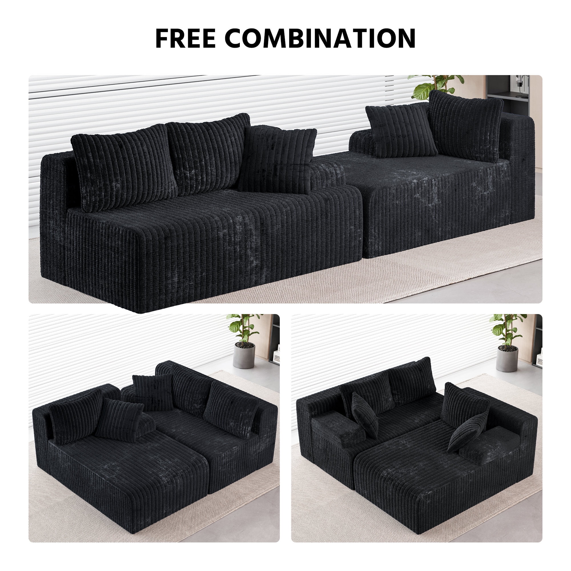 LAUSAINT HOME 96" Boneless Sectional Sofa, L-Shaped Modular Cloud Couch with Deep Seat & Plush Corduroy Fabric (Black, Left Facing Chaise)