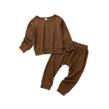 

Seyurigaoka 2 Pcs Baby Boys Pants Outfits Solid Color Tops Long Sleeve Crew Neck T-shirt with Elastic Waist Pants for 3M-3Y Toddler Kids