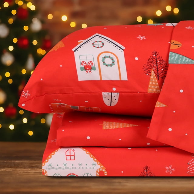 Hitime King Size 4-Piece Christmas Sheet Set - Ultra Soft & Breathable Polyester Bed Sheets, All Season Cooling Bedding with Deep Pockets, Wrinkle & Fade Resistant (Christmas House)