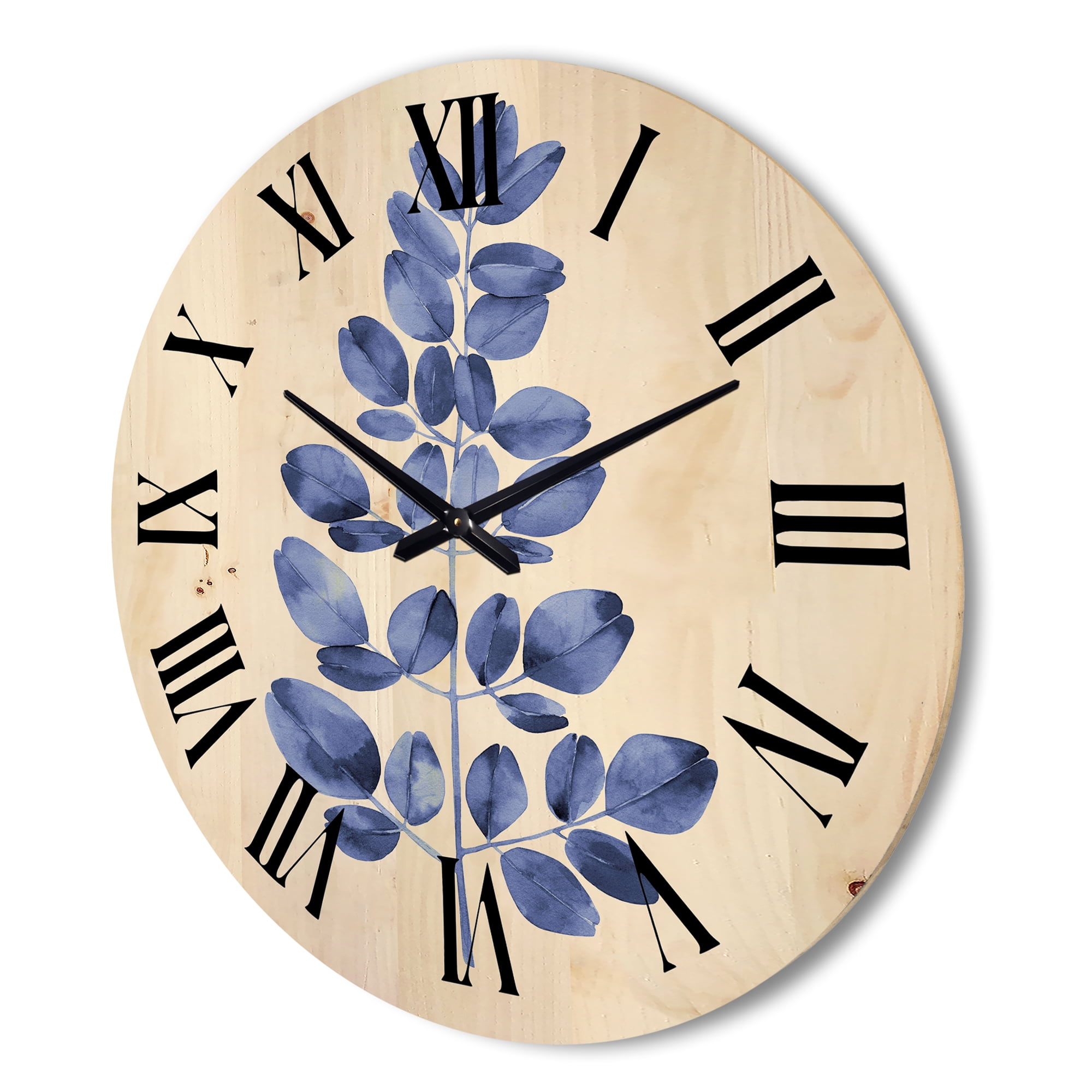 Designart 'Navy Blue Eucalyptus On White' Traditional Wood Wall Clock