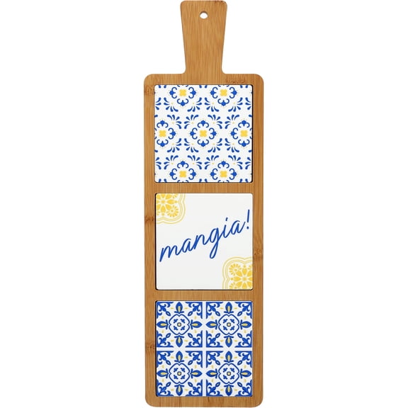 Pavilion Gift Company - Mangia! - 16.5" Bamboo & Ceramic Tile Trivet
