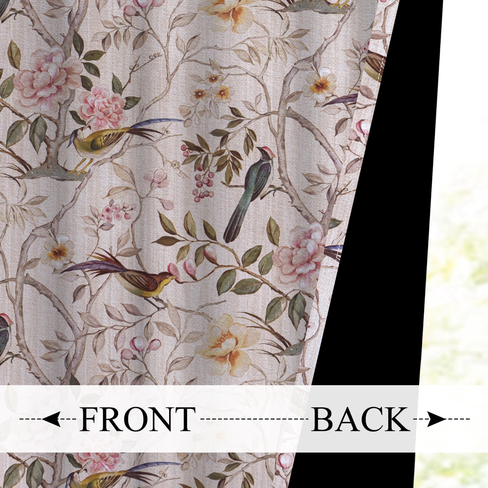 Mizhona Pink Blackout Curtains for Bedroom,Chinese Theme Birds Printed Room Darkening Curtains Set of 2,42"x84"