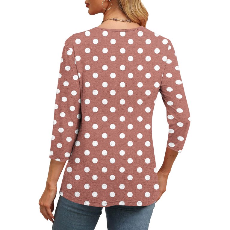Qulqfy Women Tops Polka Dot 3/4 Length Sleeve Spring Shirts Fall