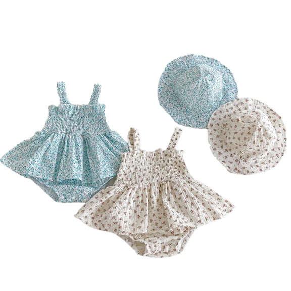 LYMAYTER Newborn Baby Girls Summer Floral Romper Sleeveless Halter Smocked Bubble Dress Hat Set