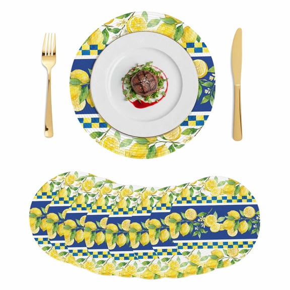 Watercolor Lemon Botanical Round 13 Inch Placemats Set of 8, Summer Navy Blue Yellow Plaid HeatResistant Non Slip Place Mats for Dining Table, Wipeable Braided Kitchen Table Mats for Housewarming