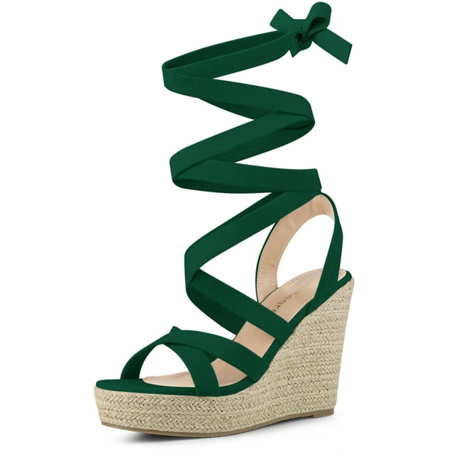 BLISSFUL STEP Women's Lace Up Wedge Strappy Espadrilles Sandals Green US 8.5