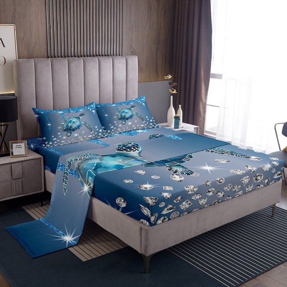 Erosebridal Cute Sea Turtle Sheet Set Twin, Sequin Print Bedding Sets Twin Size, Kawaii Sealife Reversible Twin Sheet Sets, Ultra Soft Bedroom Decor, 3pcs
