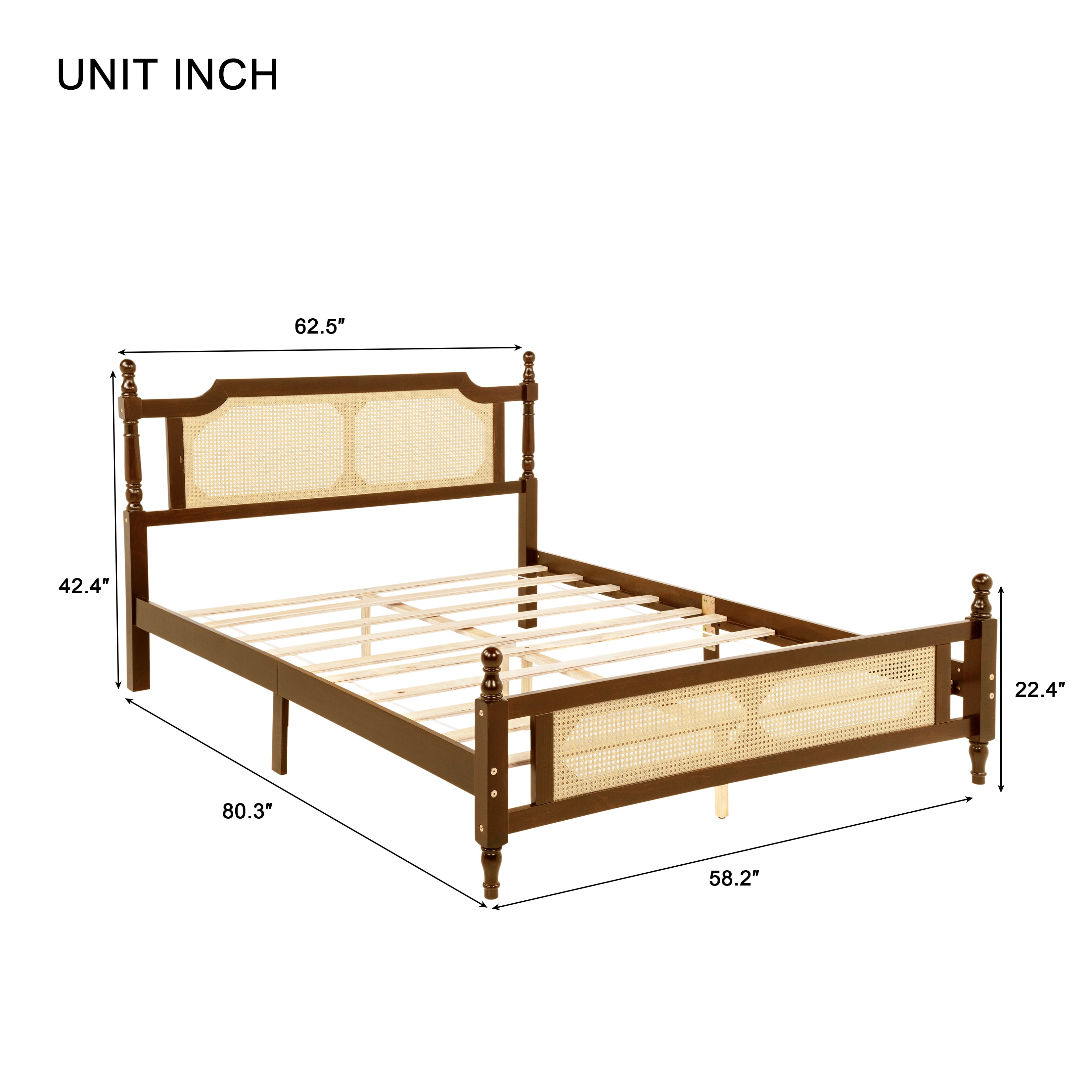 Miniyam Queen Size Rattan Bed with Spherical Bedposts for Adult, Walnut