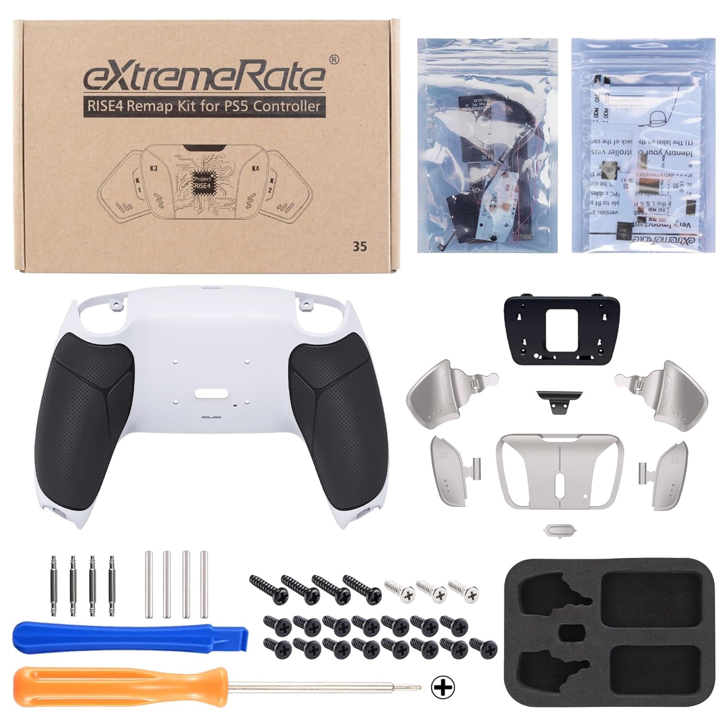 eXtremeRate Rainbow Aura Blue Purple Real Metal Buttons (RMB) RISE4 Remap Kit for PS5 Controller BDM-010 020 with Black Rubberized Grip Back Shell, Upgrade Board and 4 Back Buttons for PS5 Controller