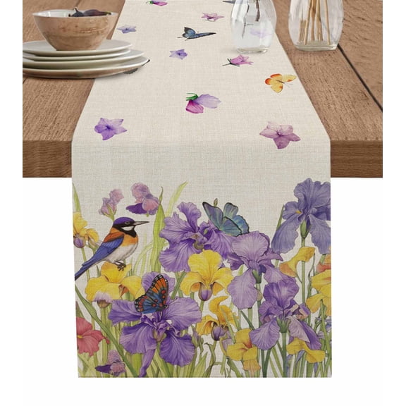 Ldtrchee Purple Yellow Spring Floral Table Runner 108 Inches, Summer Botanical Birds Rustic Bed Runner Dresser Scarves Tabletop for Indoor Outdoor Parties/Ceremony/Banquet, 13"x 108"
