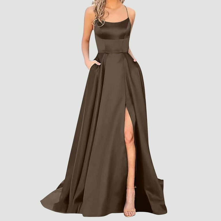 Satin Backless Formal Maxi Dress for Evening Party Wedding Guest Gowns High Slit Pockets Women Sleeveless Long Dress Large Brown