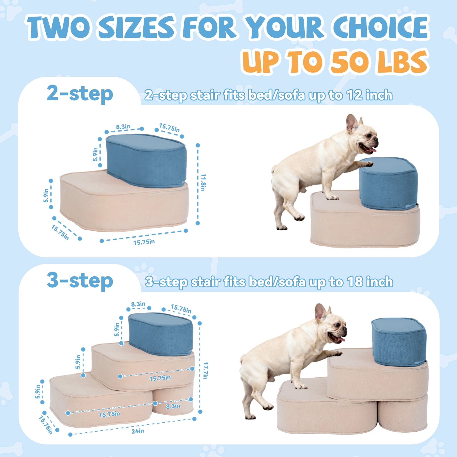 Dog Stairs for Small Dogs 17.7" H, 2-in-1 Convertible 3-Step Pet Steps for High Bed & Couch, High Density Foam Dog Ramp with Non-Slip Bottom, Safe for Puppies, Senior Dogs & Cats