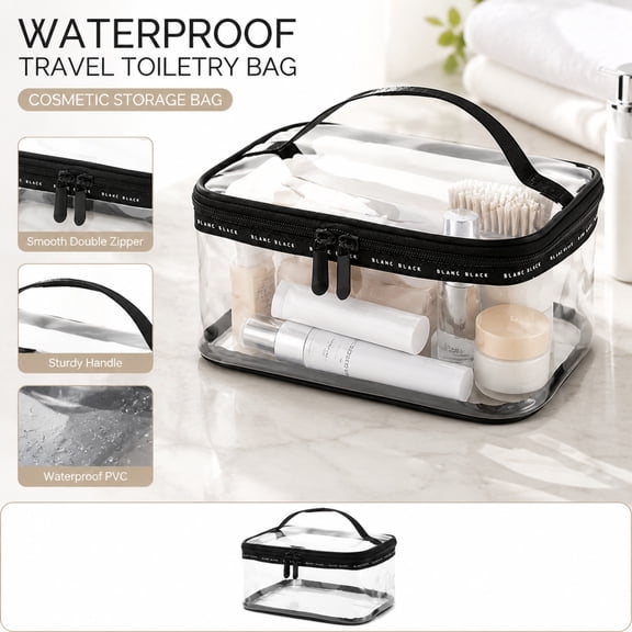 Travel Toiletry Bag, Waterproof Clear PVC Large Size With Double Zippers Carry Handle 1 Pack, Ideal for Business Trip Vacation Gym Bathroom Cosmetic Toiletry Organizer Storage Pouch for Men Women