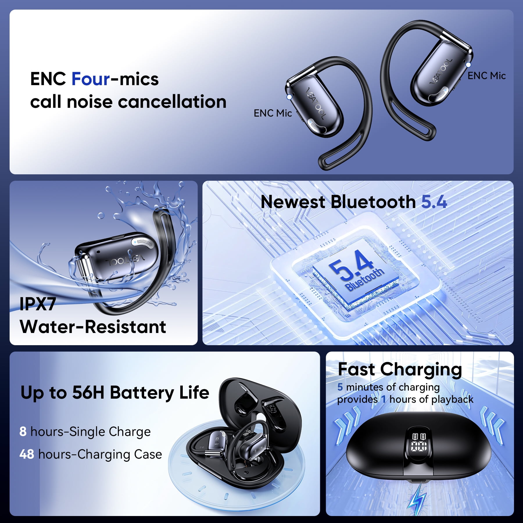 VEAT00L T26 Open Ear Earbuds, Bluetooth 5.4 Wireless Headphone,Lightweight,Air Conduction Earphones,Powerful Sound,ENC Mic Clear Call,Wireless Earbuds with Ear Hooks,IPX7,56H Playtime,Running,Workout