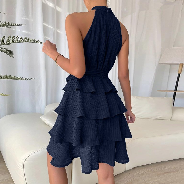 Women Ruffled Layering Casual Short Dress Hanging Neck Pleated Sleeveless  Solid Color Elegant Mini Dress Tie Waist Bandage Party Dress Summer Dress  for Women Blue M - Walmart.com