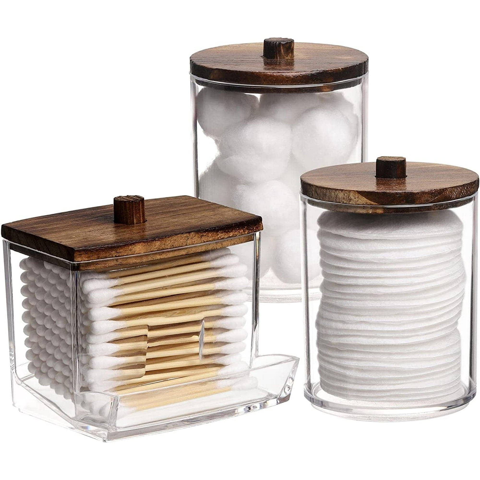 3 Pack Qtip Holder Bathroom Storage Containers 10 oz Cotton Ball & Cotton Swab Dispenser Mixed Shape Apothecary Jar Organizer with Brown Wood Lids Multi-Purpose Bathroom Accessories for Vanity Cou