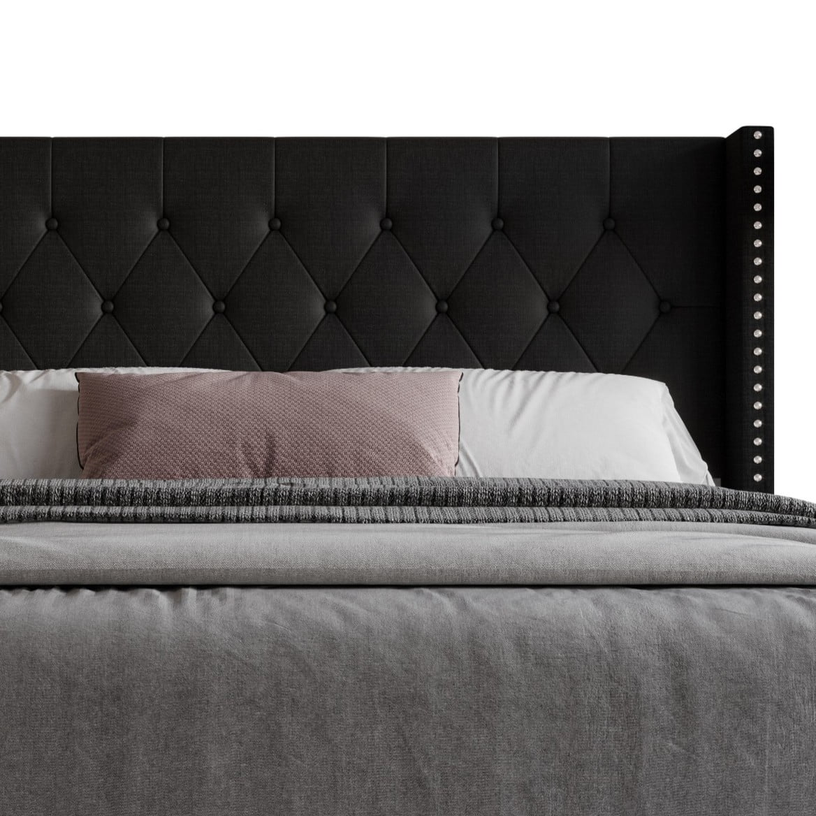 Home Design Homer Full Button-Tufted Wingback Upholstered Panel Bed Frame with Nailhead Trim design for Adult, Black, Easy Assembly