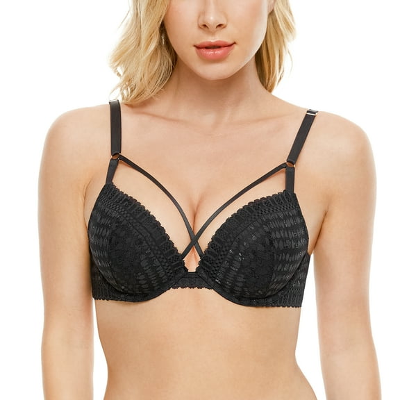 Deyllo Women's Push Up Bra Sexy Lace Plunge Padded Underwire Bra, Black 38C
