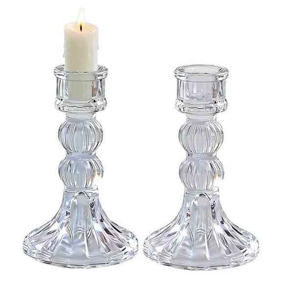 KOYPTL Glass Candlestick Holder Set of 2,Clear Crystal Striped Taper Candle Holders,Stand for Table Centerpieces,Home Bedroom Decor,Wedding Christmas Valentine Easter Parties Festival Gifts Supplies