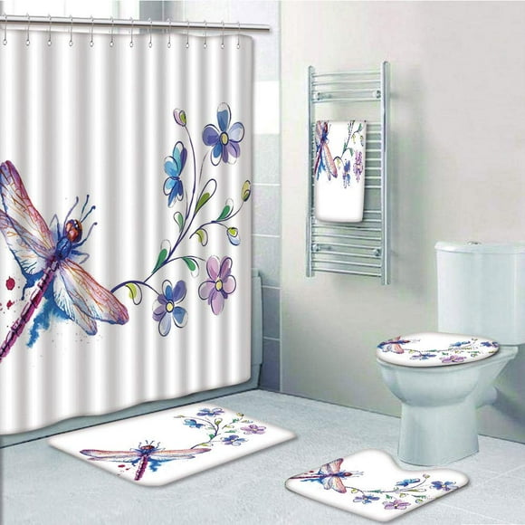 EREHome Dragonfly Watercolor Bug Butterfly Like Moth with Branch Ivy Flowers Lilies 5 Piece Bathroom Set Shower Curtain Bath Towel Bath Rug Contour Mat and Toilet Lid Cover