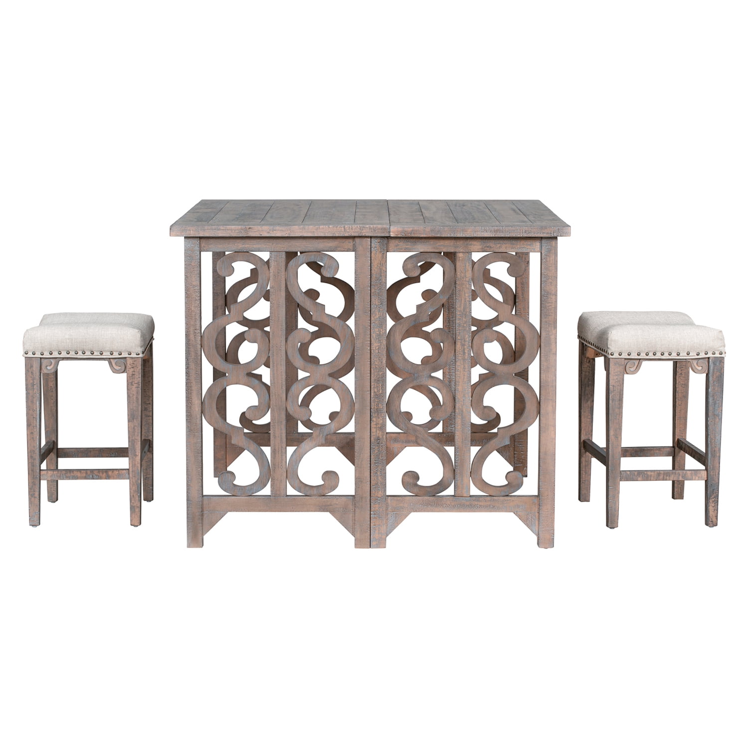 Kadyn 3-Piece Retro Dining Set, Foldable Table and 2 Saddle Stools Set, Solid Wood Counter Height Pub Set for Kitchen, Distressed Brown Kadyn 3-Piece Retro Dining Set, Foldable Table and 2 Saddle Stools Set, Solid Wood Counter Height Pub Set for Kitchen, Distressed Brown