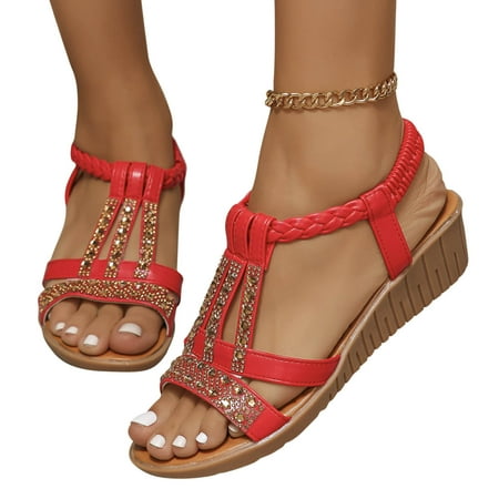

Nrmvnmi Women s Wedge Sandals Open Toe Rhinestone Summer Bohemian Shoes Casual Dressy Ankle Strap Platform Sandals Red Mothers Day Gifts