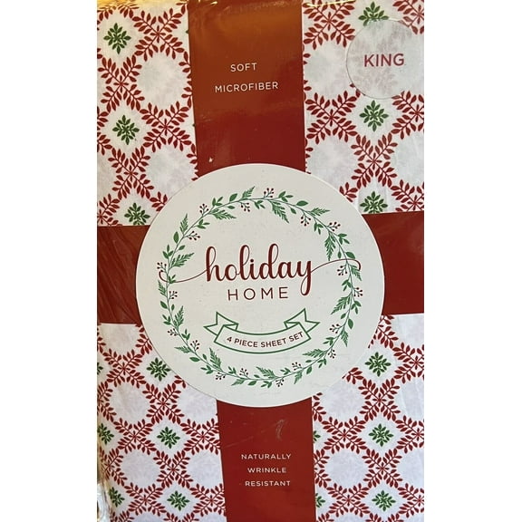 Sanders Holiday King Sheet Set Microfiber Red Green Snowflake Micro Fiber Gift New
