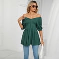 thumbnail image 3 of Defitshape Women's High T Shirt V Neck Top Short Sleeve Cotton Loose Crop Transformer Holiday One Shoulder Shirt Dark Green Large, 3 of 4