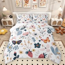 Homewish Chic Flowers Full Size Comforter Sets 3-Piece for Teens Boys Girls,Flying Butterflies Bedding Comforter Set,Kawaii Floral Strawberry Lightweight Bedding Sets,Lightweight Room Decor