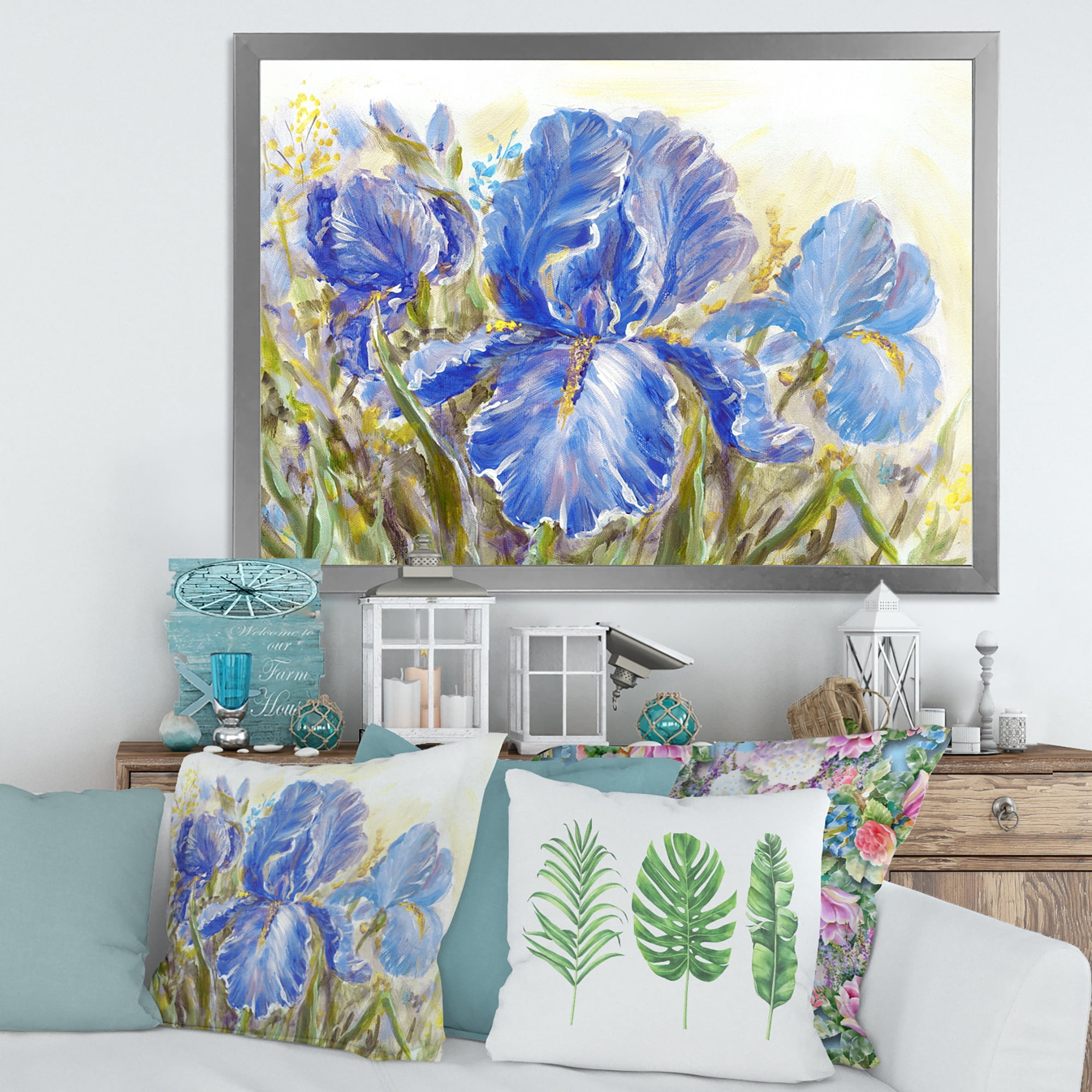 Designart 'Blue Irises Blossoming Flowers' Traditional Framed Art Print