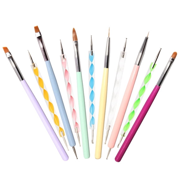 Style-Carry 11 Pack Nail Art Brush Set with 6 Wooden Handle Nail Brushes and 5 Dotting Pens Professional Nail Tools for Manicure and DIY Nail Art