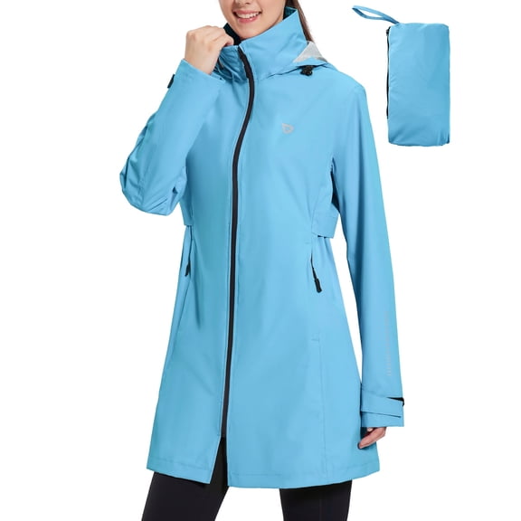 BALEAF Women's Long Rain Coat Packable Waterproof Windbreaker Lightweight Cycling Jacket with Hood Sky Blue XXL