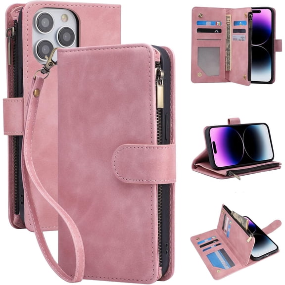 Wallet Case for iPhone 14 Pro Max 6.7 inch, Premium PU Leather Card Holder with RFID Blocking Zipper Flip Folio Wallet Wrist Strap Kickstand Protective Case (Pink)