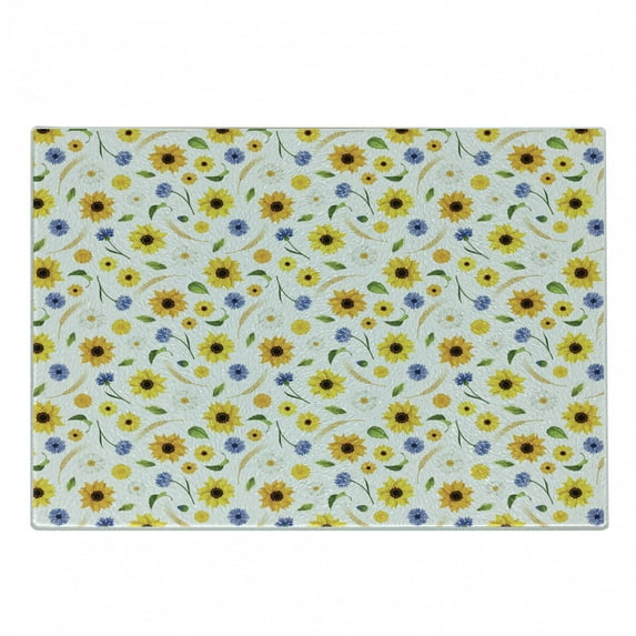Yellow and White Cutting Board, Botanical Arrangement of Summer Flowers Wheat Daisy Blossoming Nature, Decorative Tempered Glass Cutting and Serving Board, Small Size, Multicolor, by Ambesonne