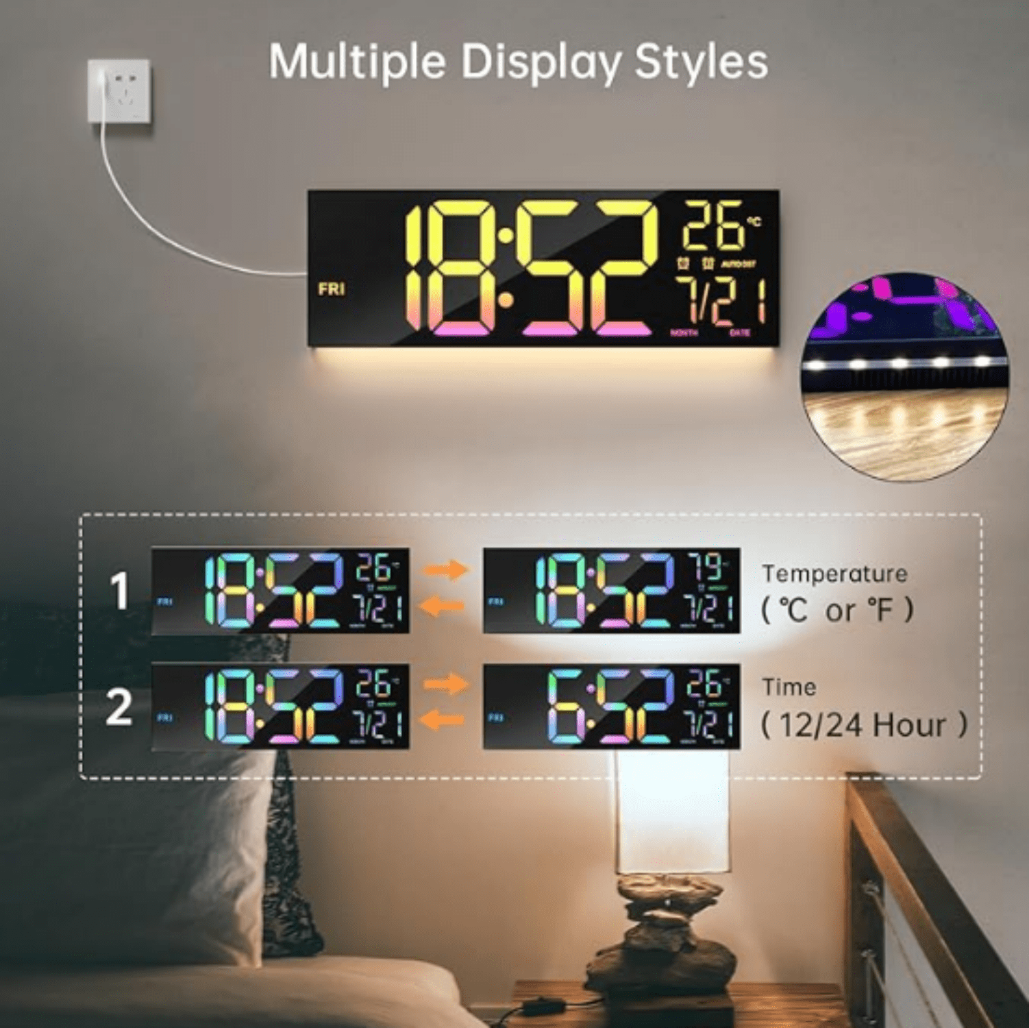 Large Digital Wall Clock with Remote Control, RGB Atmosphere Lights with 11 Scenes Mode, Dual Alarms with Big LED Display, Auto DST, Temperature for Classroom Gaming