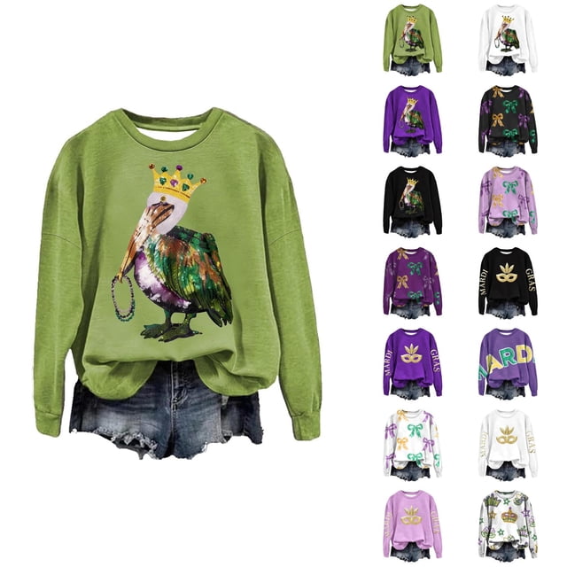 Mardi Gras 2026 Chandails en Molleton pour Femmes Tendance Manches Longues Col Rond Décontracté Carnaval Graphique Chandail en Molleton Pulls pour Femmes