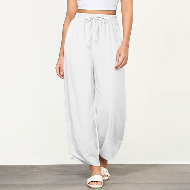 Karight Linen Pants Women Summer Beach Lounge Palazzo Trousers Loose Elastic Plus Size Drawstring with Pockets Pants