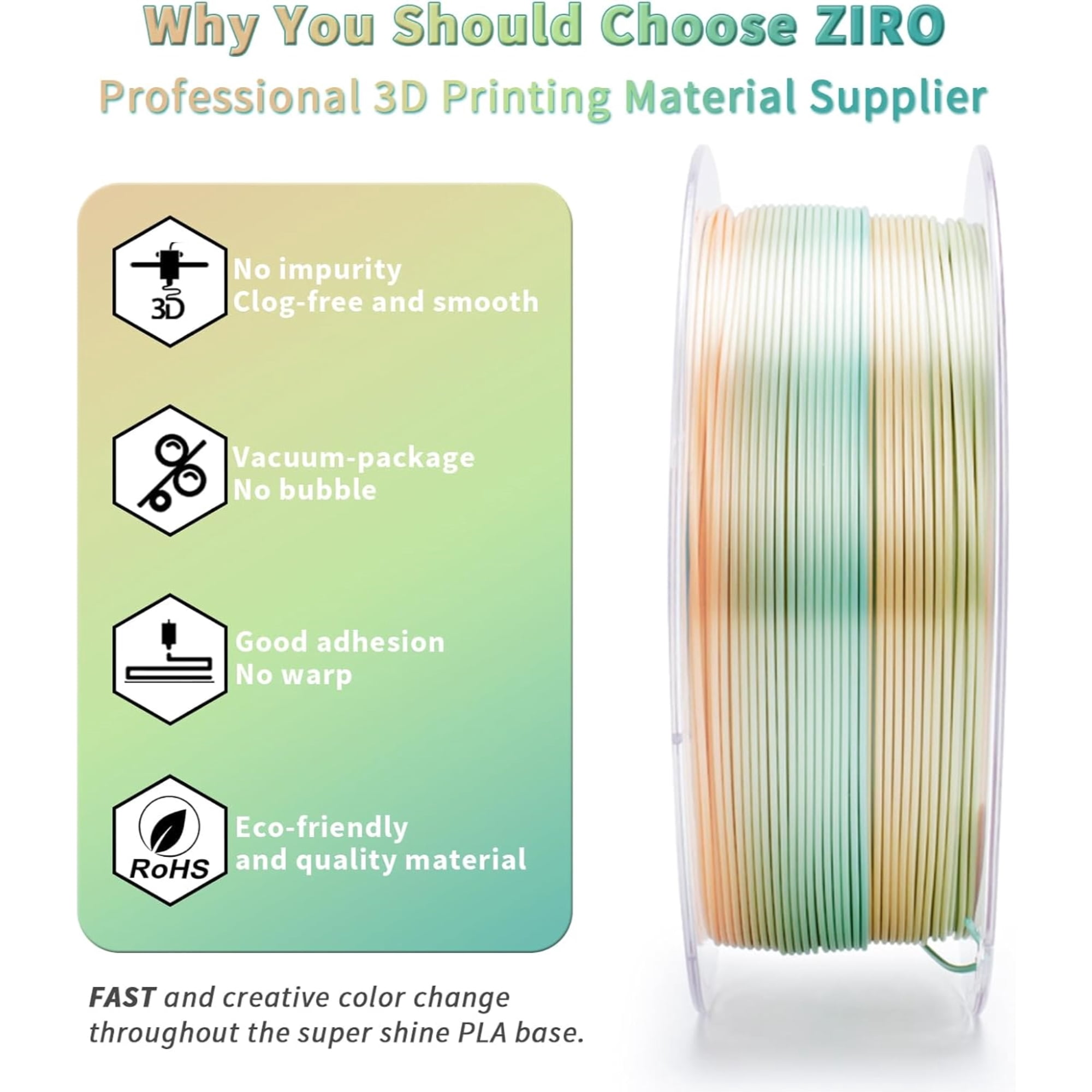 Ziro 3D Gradient Silk PLA Filament 1.75mm 1kg, Creamy teal