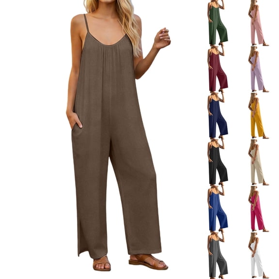 MuXiKeJi Clothes Jumpsuits for Women Casual Wide Leg Overalls Sleeveless Vacation Outfits One Piece Boho Printed Romper with Pocket